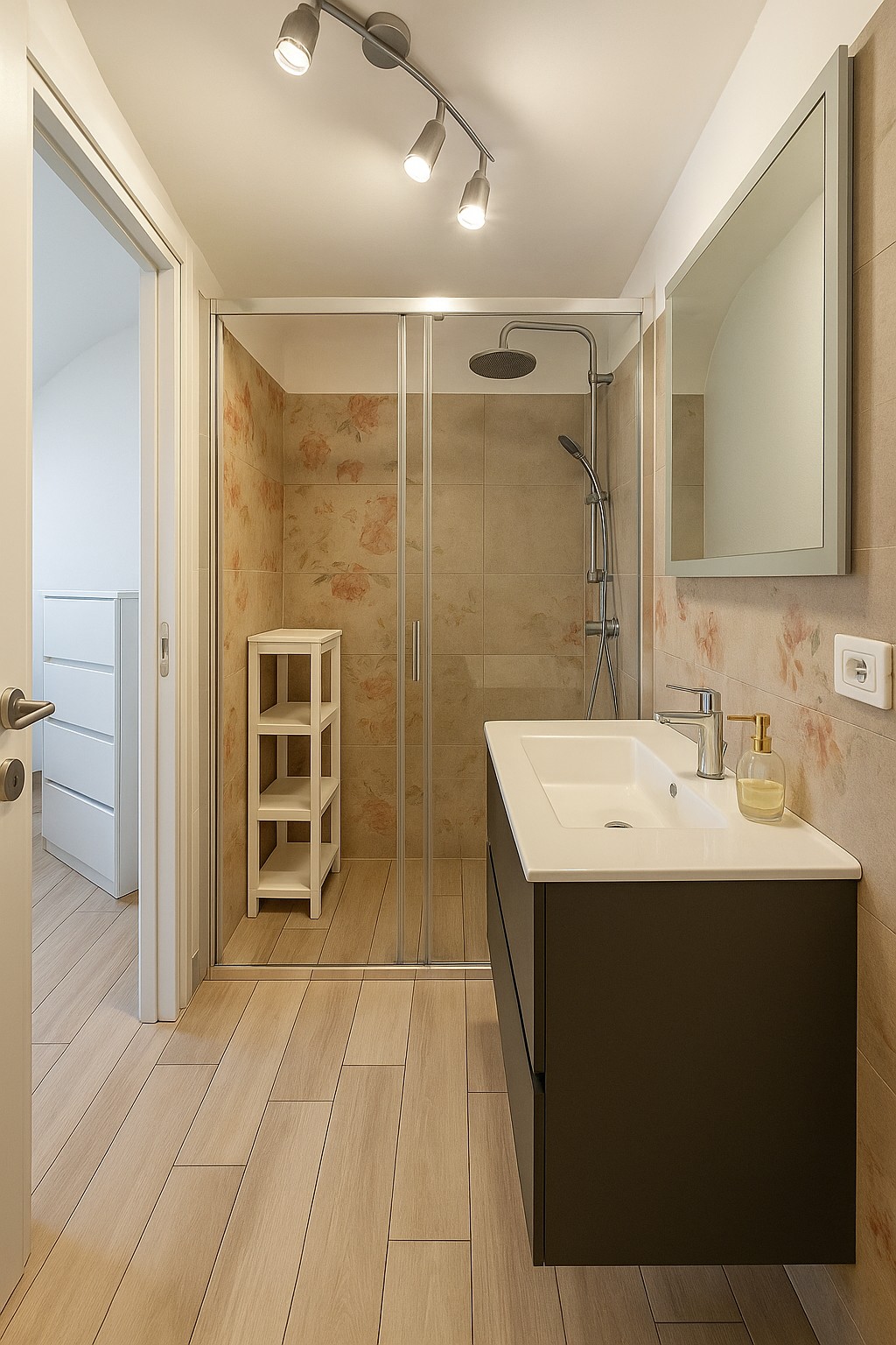 Apartment bathroom with rain shower