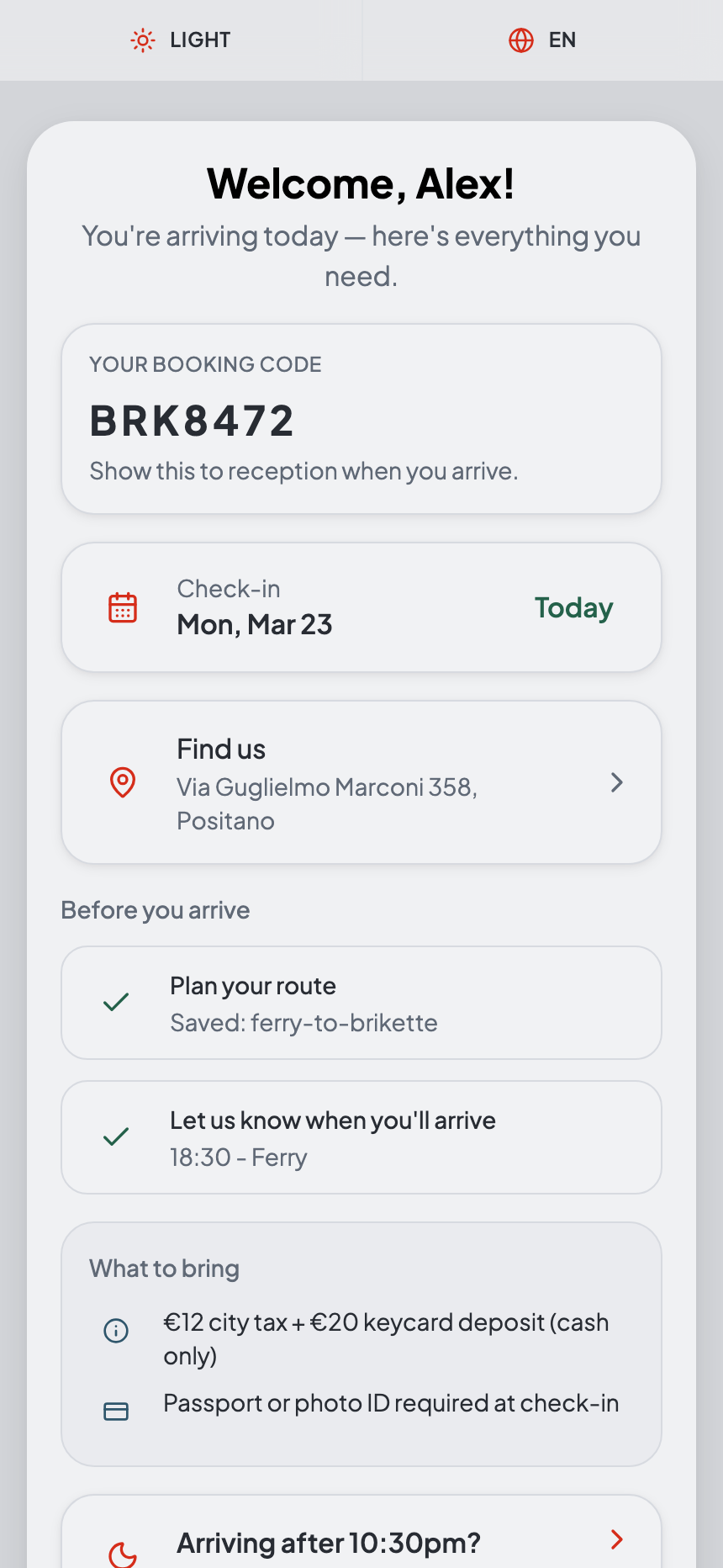 Arrival screen showing booking code, arrival tasks and next steps.