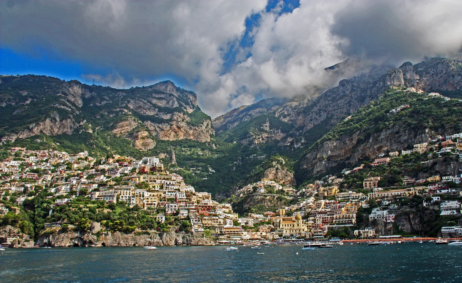 Positano coastline view from ferry approaching from Capri