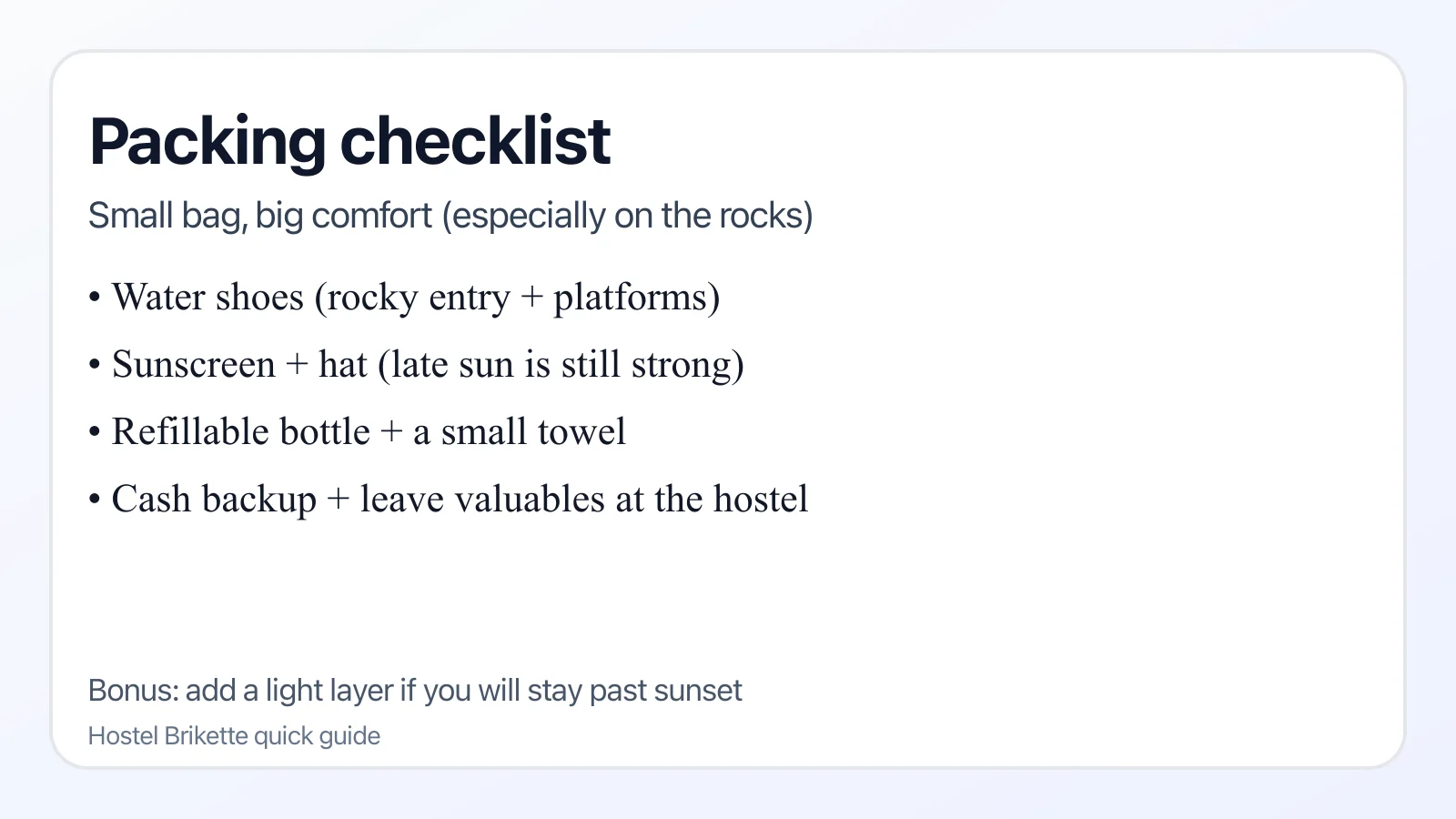 Packing checklist infographic for Gavitella Beach day trip from a hostel