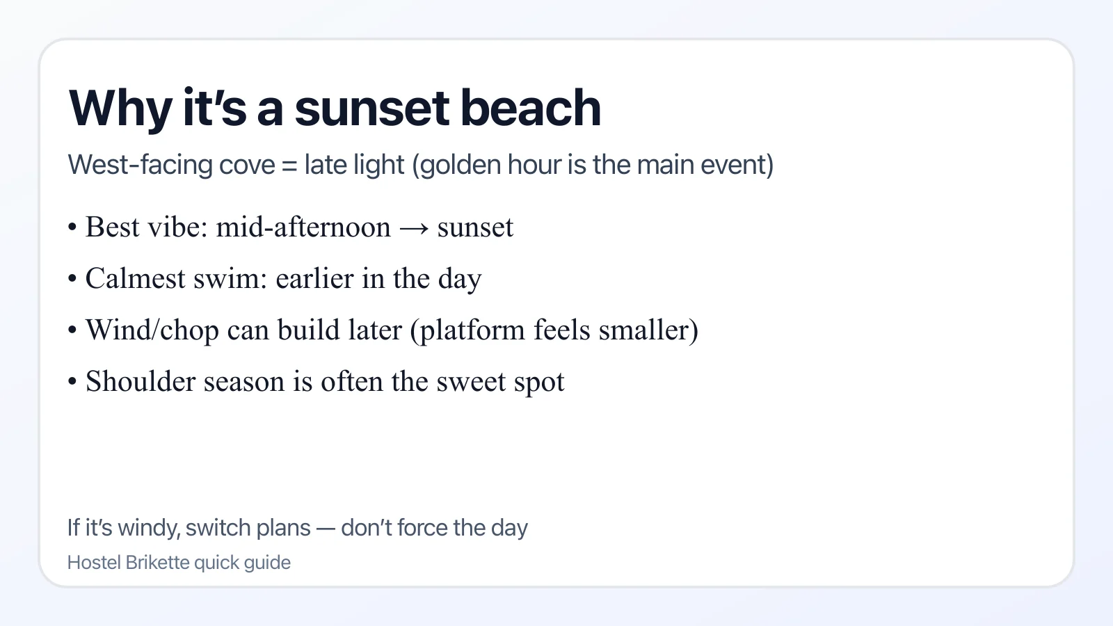Infographic explaining why Gavitella faces west and catches late afternoon sun