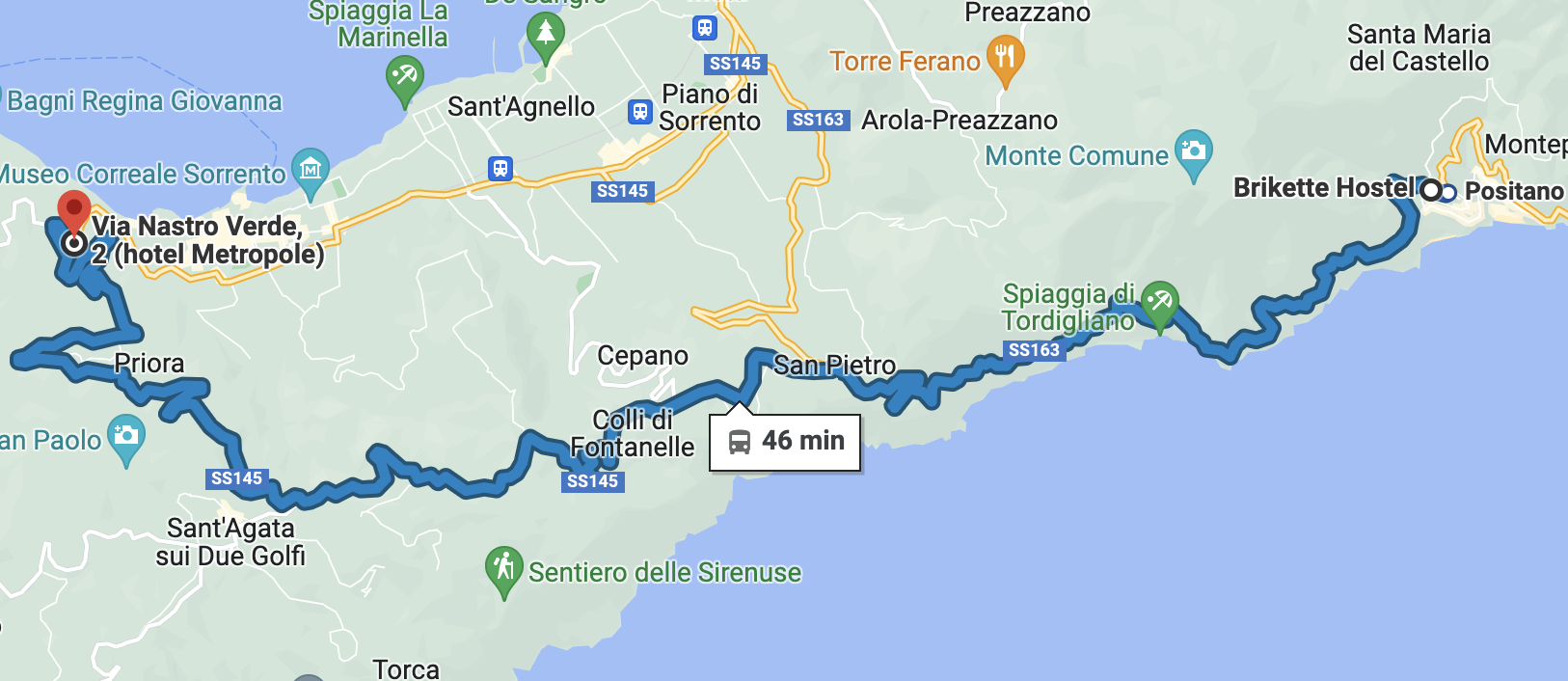 Map screenshot showing the bus route from Positano toward Sorrento (Hotel Metropole stop)