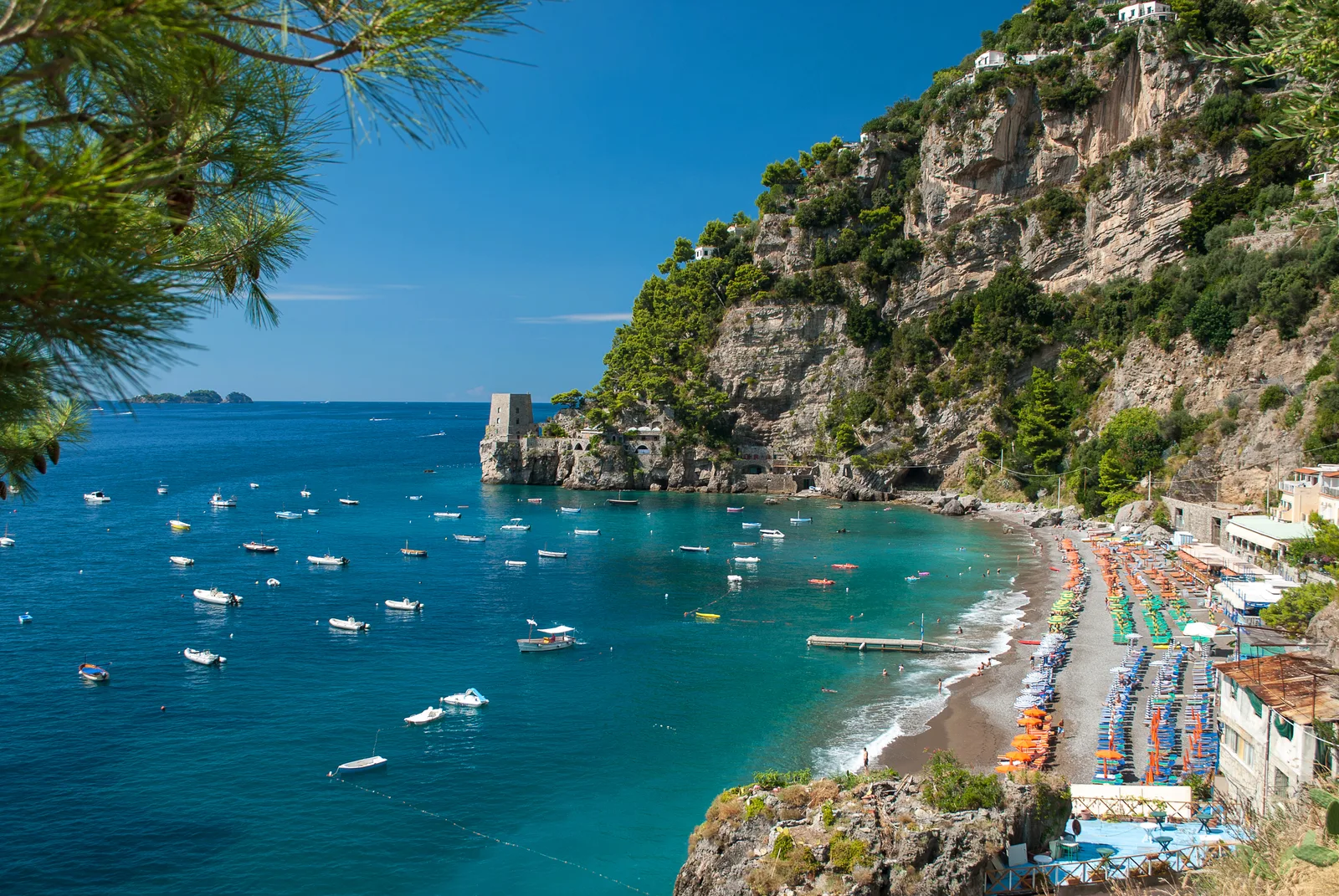 Fornillo Beach in Positano with umbrellas along the shoreline
