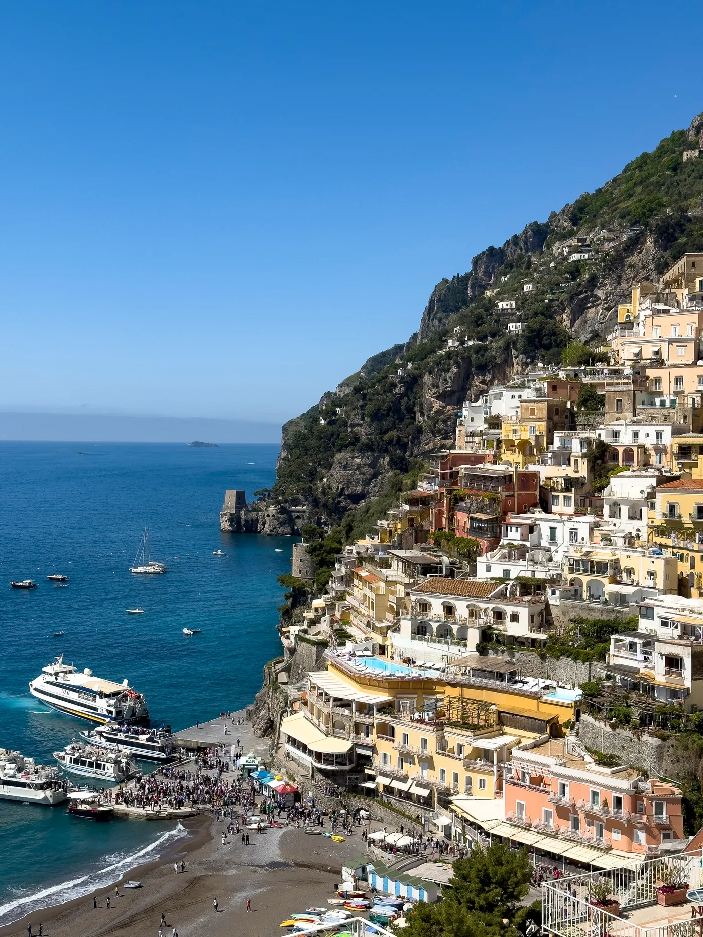 Wide view of Positano town and coastline from the sea