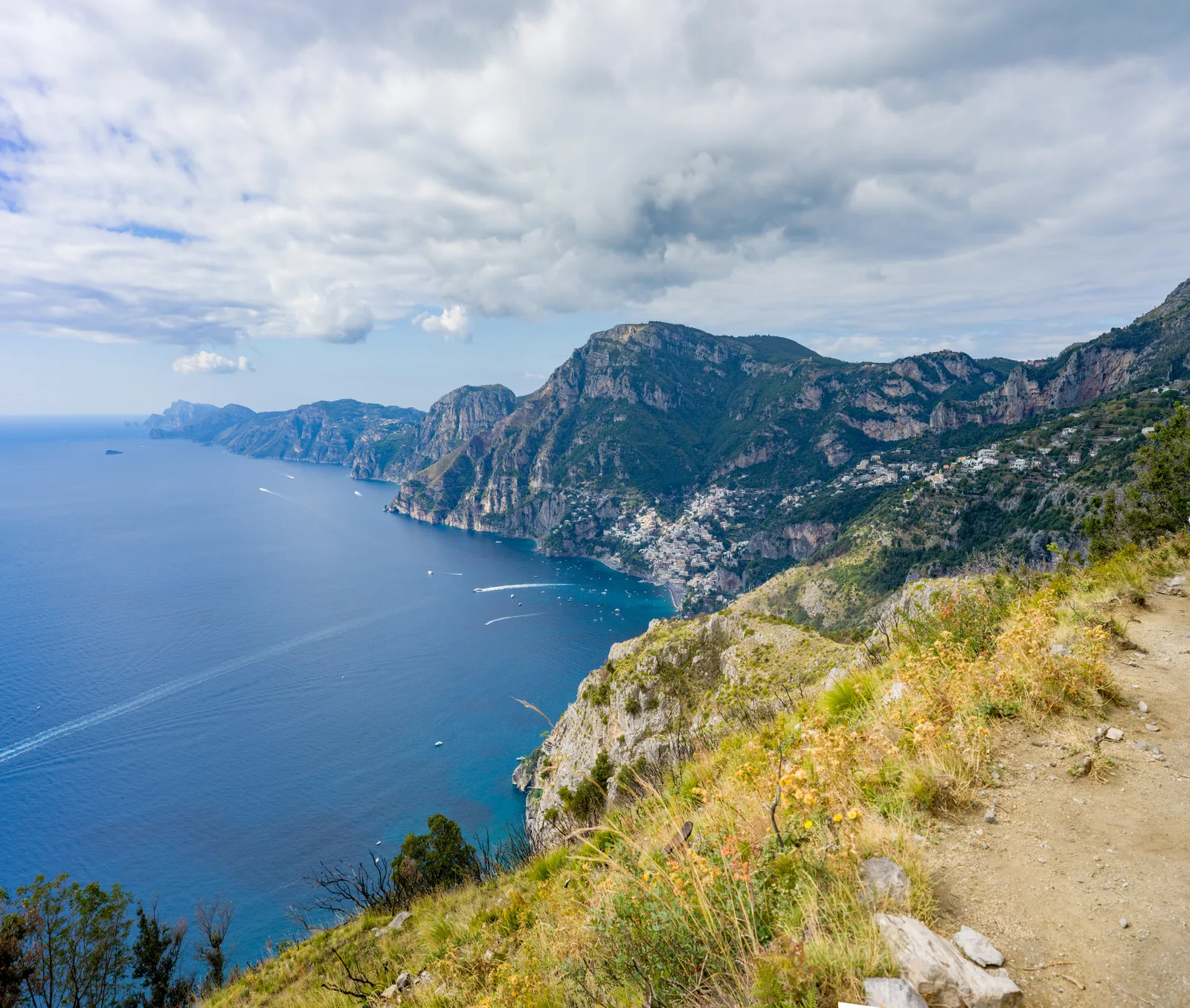 Coastal hiking trail above Positano with panoramic views of the Amalfi Coast and sea