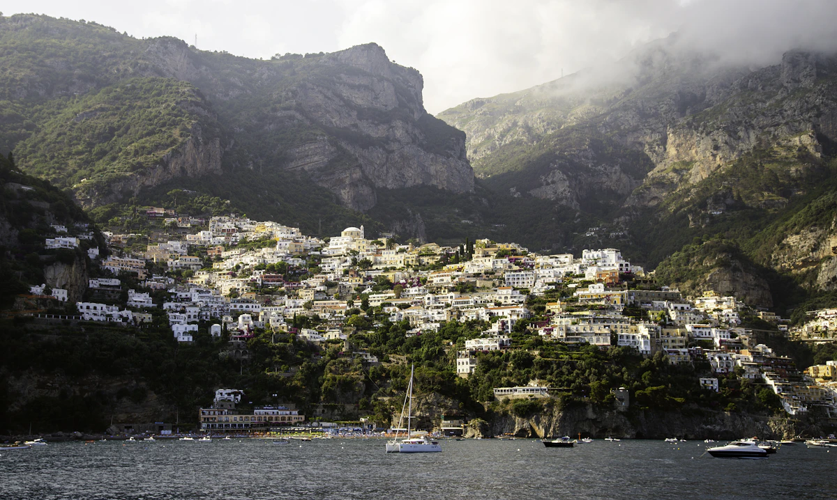 Positano waterfront view from the beach level.