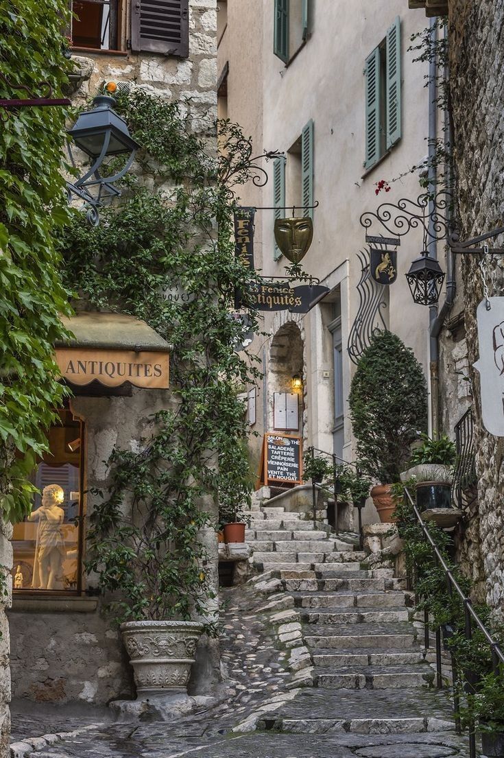 Stone steps climbing through a narrow old-town lane with plants and shop signs